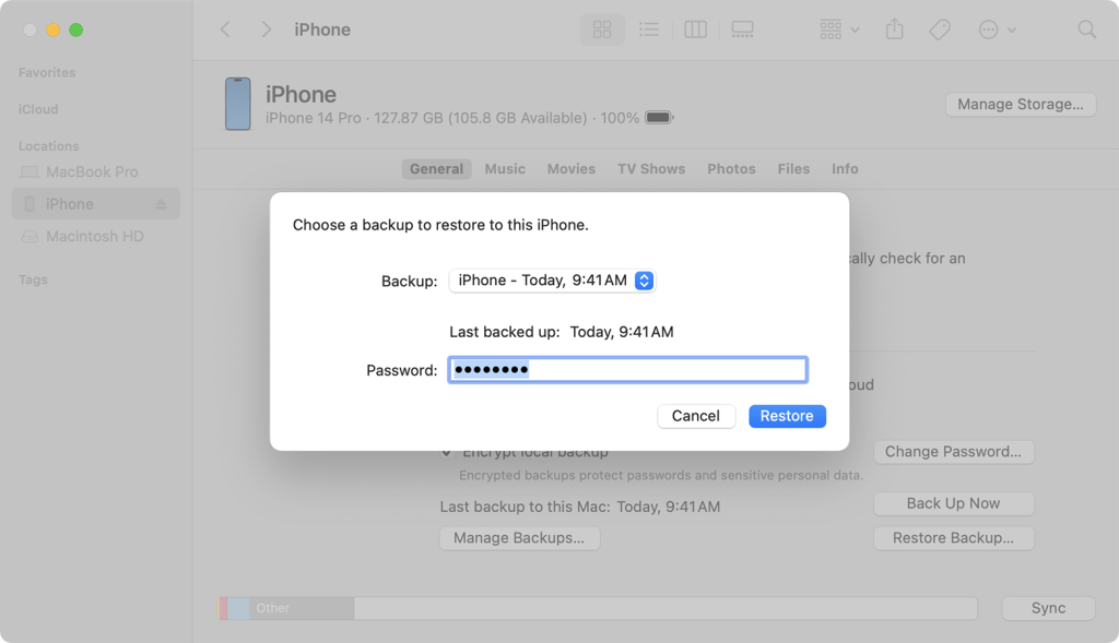 Restoring from iTunes,Finder Backup